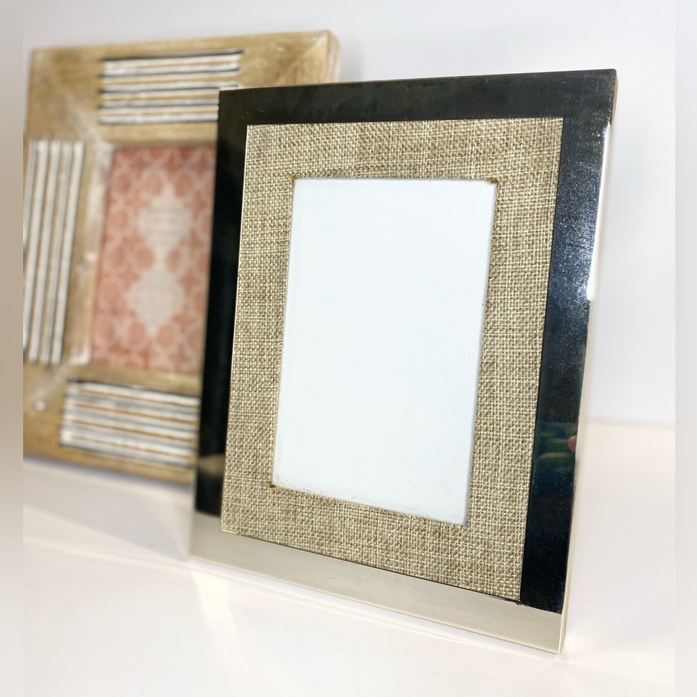Picture Frame Pair Handmade Wood Metal Burlap Contemporary Warm Colors Y2K